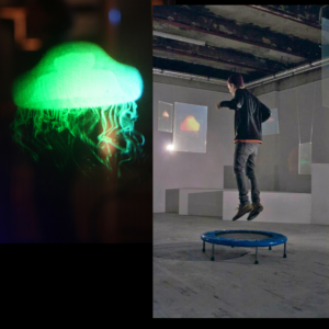 photo of a hologram of jellyfish beside a photo of a person jumping on a trampoline surrounded by holograms of jellyfish